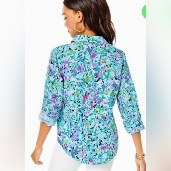 Lilly Pulitzer Sea View Linen Button Down Top In Multi Dive Bar, Size M - Picture 3 of 16